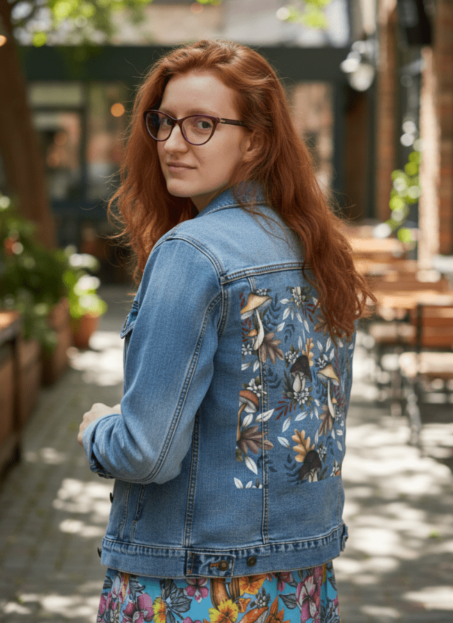 three-quarter rear view of a model seated beneath a leafy tree canopy at a wooden café table wearing a stonewashed denim jacket featuring the artwork “Enchanted Mushrooms” by Cecilia Battaini, a textured pattern of wild mushrooms, acorns, twisted stems &amp; tiny florals drawn in earthy watercolor tones. the soft light filters through leaves above, echoing the forest palette of the design. the design is digitally printed on the jacket’s back panel by DenimINK.