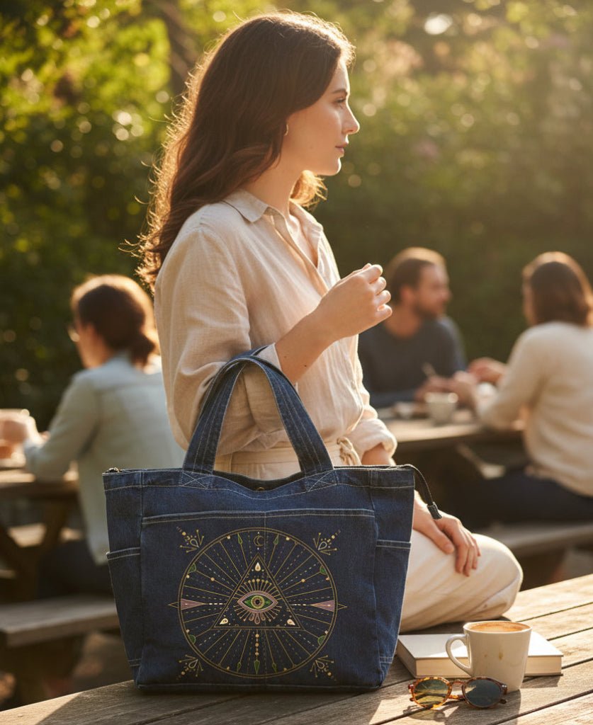 Woman sitting at a picnic table with a blue denim  tote bag featuring evil-eye-mandala-by-CatCoq. denim-tote-bag-lifestyle-shotdesign.