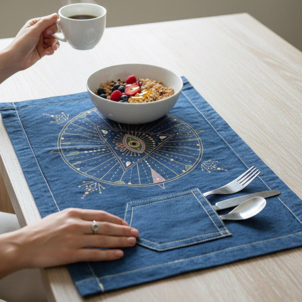 Person holding a mug with a bowl of cereal and fruit on a denim placemat featuring evil-eye-mandala-by-CatCoq, printed on a denim-table-placemat-lifestyle-shot