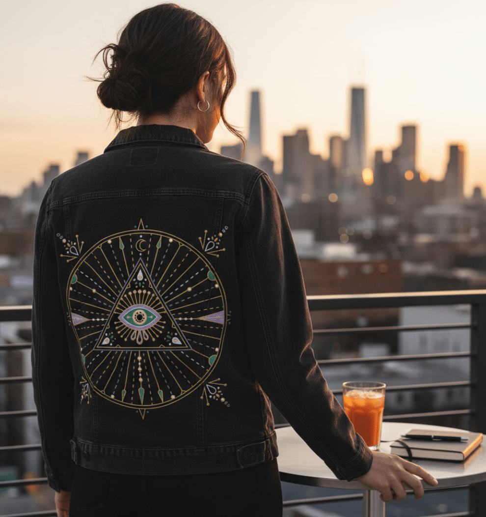 rear view of a model standing at a metal rooftop railing, facing a distant skyline under dusky skies. they wear a black denim jacket printed with the “Evil Eye Mandala” by CatCoq, featuring a golden triangle eye design surrounded by a circular celestial mandala in mint, violet & ivory accents. an orange drink & black journal sit on the table beside them. warm dusk light glows across the cityscape. printed by DenimINK.