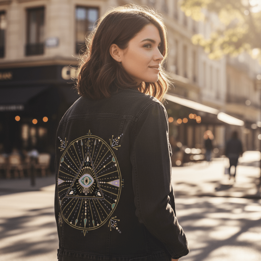 three-quarter rear view of a model walking through a bright, sun-dappled city street in a black denim jacket printed with the “Evil Eye Mandala” by CatCoq. the design shows a stylized eye inside a triangle, radiating gold &amp; pastel linework across a circular mandala. the model glances back over their shoulder. soft shadows play across cafés, stone buildings &amp; pedestrians in the background. artwork is digitally printed by DenimINK.