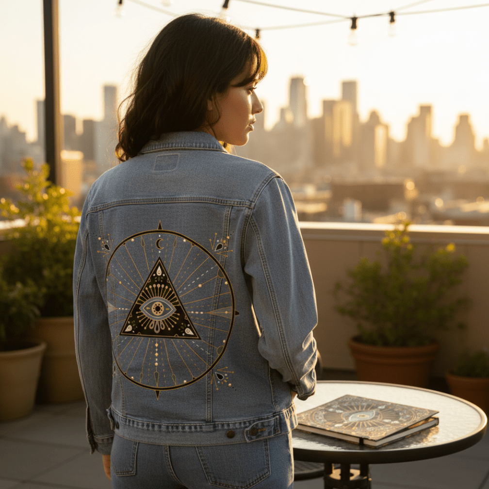 rear view of a model standing on a rooftop terrace during sunset, wearing a stonewashed denim jacket printed with the “Evil Eye Mandala” by CatCoq. the design shows a black triangle with an eye at the center, encircled by symmetrical gold &amp; pastel rays, moons, dots &amp; celestial flourishes. on the table nearby is a matching printed journal. potted plants &amp; string lights frame the scene, with a glowing skyline in the distance. printed by DenimINK.