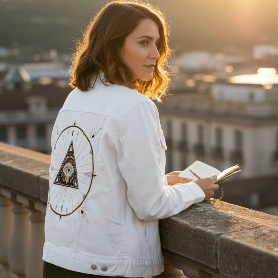 three-quarter rear view of a model leaning on a stone balcony railing at golden hour, holding an open journal &amp; pen. they wear a white denim jacket printed with the “Evil Eye Mandala” by CatCoq, featuring a triangle with an eye in the center surrounded by geometric rays, stars, moons &amp; symmetrical linework. the design is printed in gold, mint, lavender &amp; ivory tones. rooftops &amp; soft hills blur into the golden light behind them. printed by DenimINK.