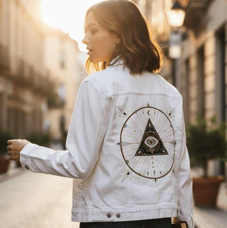 three-quarter rear view of a model walking along a cobblestone street lined with stone buildings &amp; warm streetlamps. they wear a white denim jacket printed with the “Evil Eye Mandala” by CatCoq, featuring a gold-outlined triangle with an all-seeing eye, surrounded by symmetrical rays &amp; celestial symbols. the model holds a closed journal in one hand. soft morning sunlight glows on the street. printed by DenimINK.