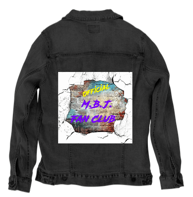 EXCLUSIVE OFFICIAL M.B.J. FAN CLUB by Hope, digitally printed on DENIM products: throw pillows, aprons, table place mats, and hand-crafted Unisex Denim Jackets in 3 color choices