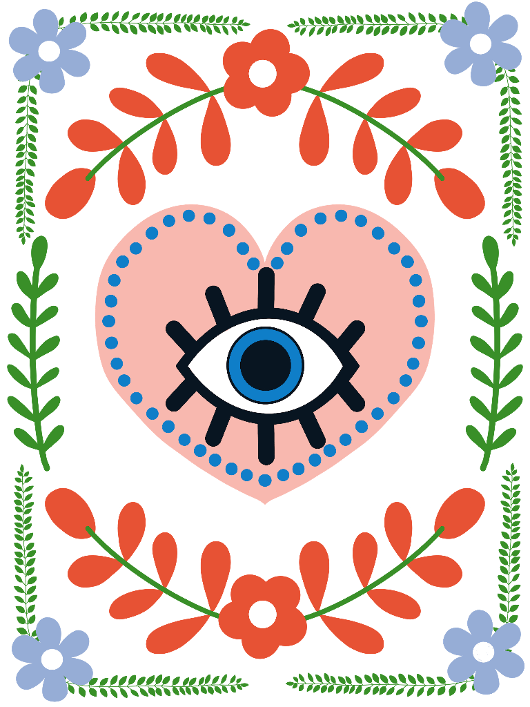 illustration of Three stylized eye symbols stacked vertically on a transparent background. Each eye has a white almond-shaped outline with thick dark lashes radiating outward, and a circular iris centered inside. The top iris is light aqua with a dark pupil, the middle iris is bright blue with a darker ring, and the bottom iris is deep cobalt with a dark center. Outlines and lashes appear in dark purple and navy tones. This artwork is titled “Eyes On You” and created by Hend Shehata