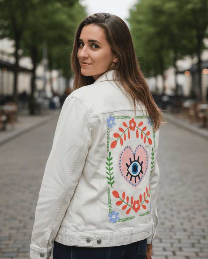 EYE WITHIN THE HEART by HEND SHEHATA, printed on denim jackets and other denim products: tote bags, throw pillows, table place mats, aprons