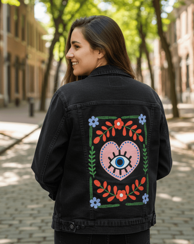 EYE WITHIN THE HEART by HEND SHEHATA, printed on denim jackets and other denim products: tote bags, throw pillows, table place mats, aprons