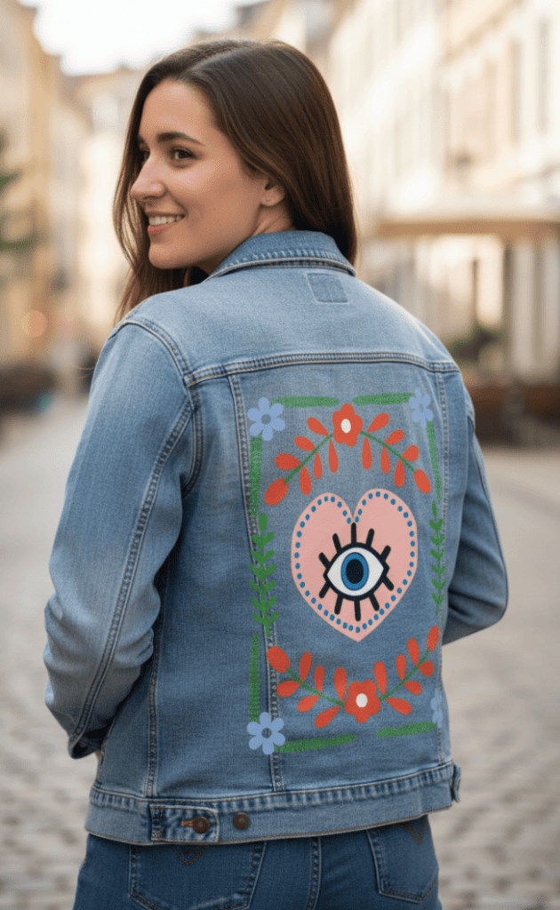 EYE WITHIN THE HEART by HEND SHEHATA, printed on denim jackets and other denim products: tote bags, throw pillows, table place mats, aprons
