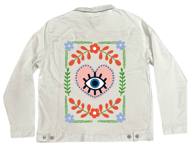 EYE WITHIN THE HEART by HEND SHEHATA, printed on denim jackets and other denim products: tote bags, throw pillows, table place mats, aprons