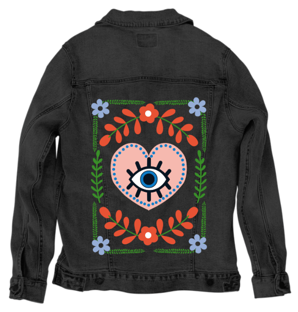 EYE WITHIN THE HEART by HEND SHEHATA, printed on denim jackets and other denim products: tote bags, throw pillows, table place mats, aprons