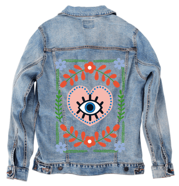 EYE WITHIN THE HEART by HEND SHEHATA, printed on denim jackets and other denim products: tote bags, throw pillows, table place mats, aprons