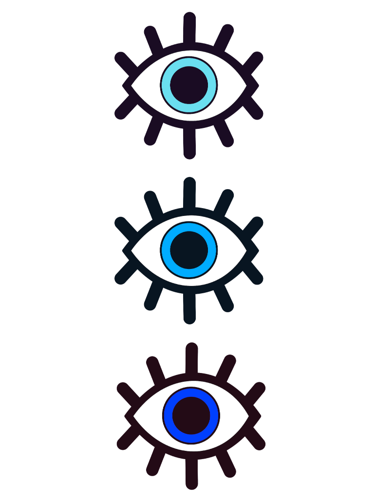 Three stylized eye symbols stacked vertically on a transparent background. Each eye has a white almond-shaped outline with thick dark lashes radiating outward, and a circular iris centered inside. The top iris is light aqua with a dark pupil, the middle iris is bright blue with a darker ring, and the bottom iris is deep cobalt with a dark center. Outlines and lashes appear in dark purple and navy tones. This artwork is titled “Eyes On You” and created by Hend Shehata