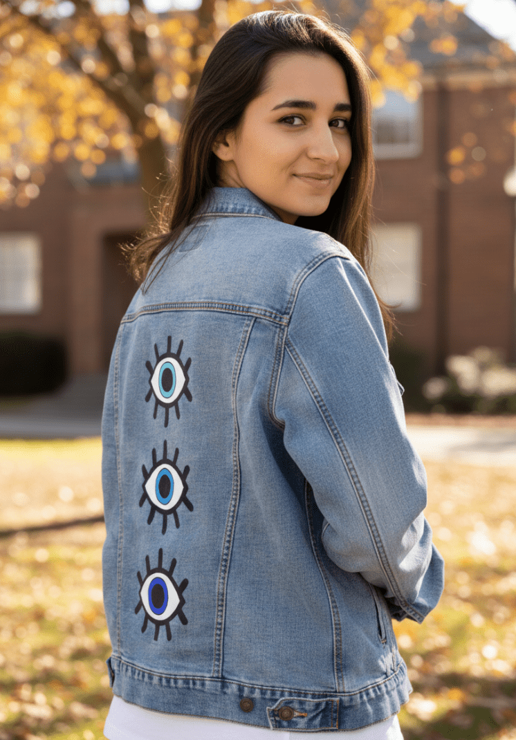 EYES ON YOU by HEND SHEHATA, printed on denim jackets and other denim products: tote bags, throw pillows, table place mats, aprons