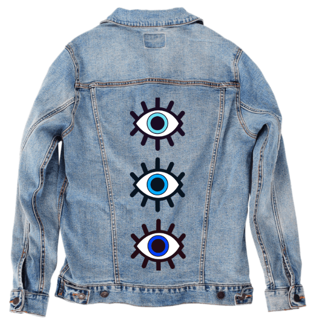 EYES ON YOU by HEND SHEHATA, printed on denim jackets and other denim products: tote bags, throw pillows, table place mats, aprons