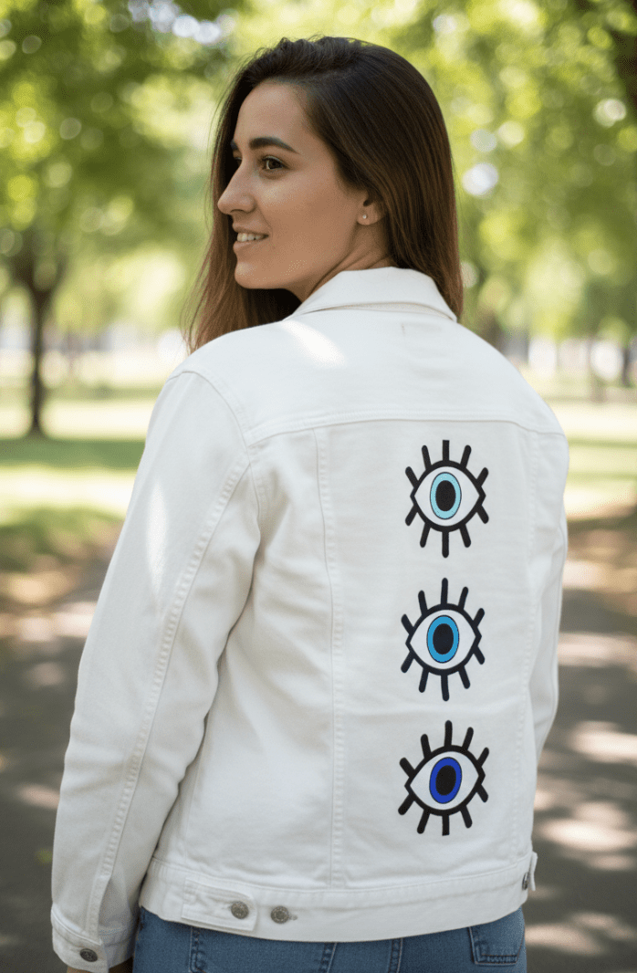 EYES ON YOU by HEND SHEHATA, printed on denim jackets and other denim products: tote bags, throw pillows, table place mats, aprons