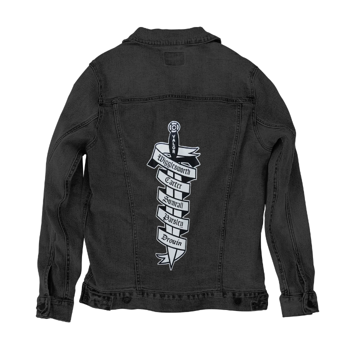 Customer Designed Custom Denim Jacket (hand-crafted) with 3 color choices of jacket: Stonewash, White, or Black. Unisex XS S M L XL 2X 3X. USA hand-crafted and USA digitally printed. Ships free within the USA &amp; also ships Internationally.