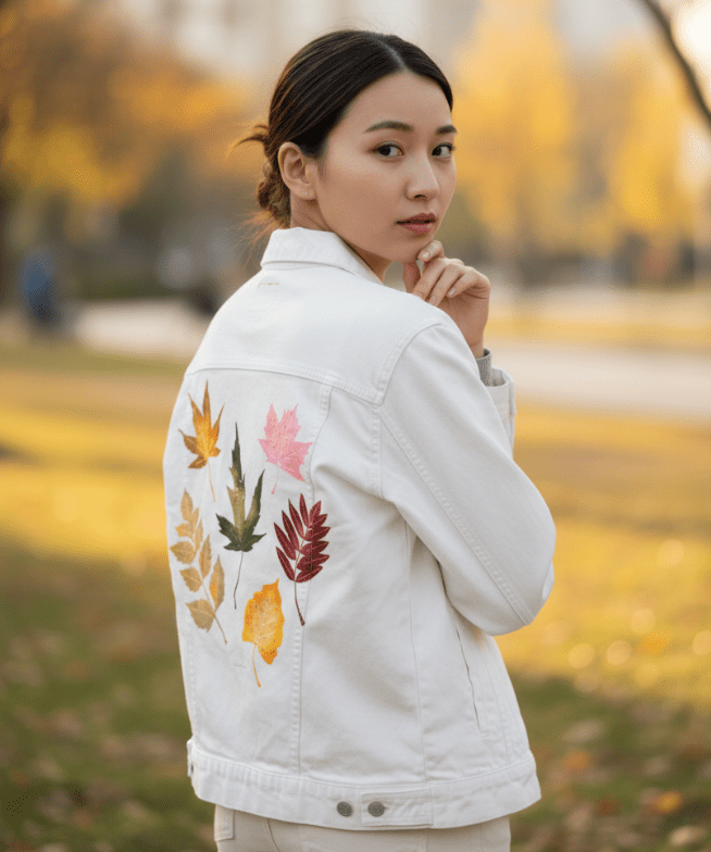 FALL LEAVES by thearticsoul,printed by DenimINK on hand-crafted Denim Jackets and other denim products and other denim products: tote bags, throw pillows, table place mats, aprons