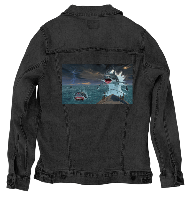 FISH OUT OF WATER2 by VINCENT HIE, printed on denim jackets and other denim products: tote bags, throw pillows, table place mats, aprons