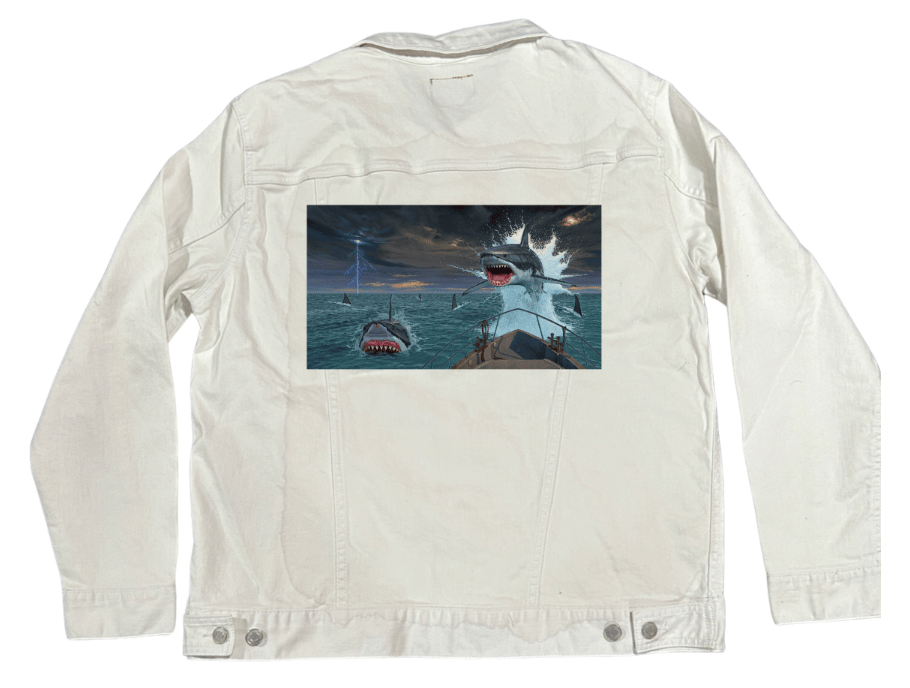 FISH OUT OF WATER2 by VINCENT HIE, printed on denim jackets and other denim products: tote bags, throw pillows, table place mats, aprons