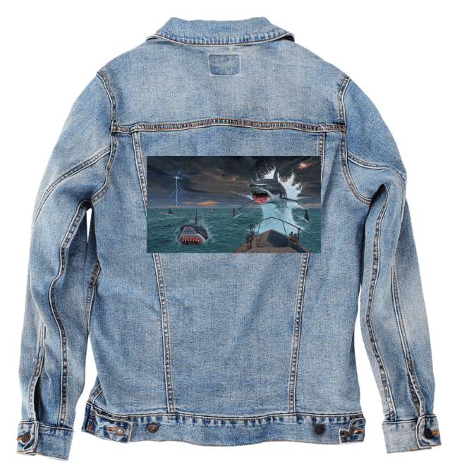 FISH OUT OF WATER2 by VINCENT HIE, printed on denim jackets and other denim products: tote bags, throw pillows, table place mats, aprons