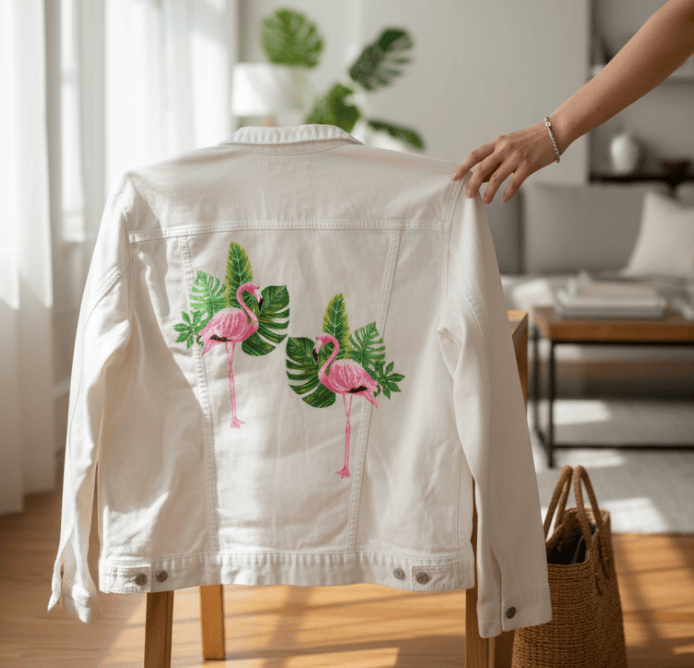 FLAMINGO2 by HEND SHEHATA, printed on denim jackets and other denim products: tote bags, throw pillows, table place mats, aprons