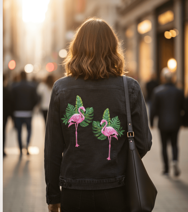 FLAMINGO2 by HEND SHEHATA, printed on denim jackets and other denim products: tote bags, throw pillows, table place mats, aprons