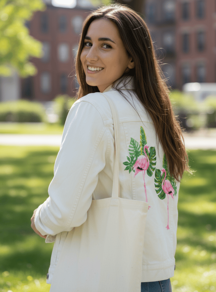 FLAMINGO2 by HEND SHEHATA, printed on denim jackets and other denim products: tote bags, throw pillows, table place mats, aprons