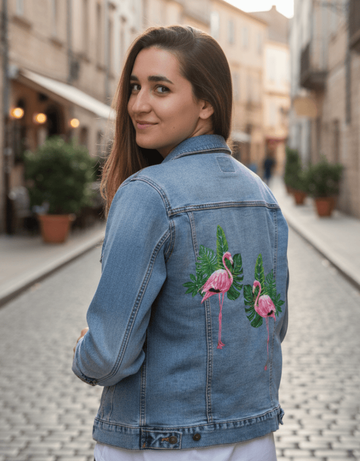 FLAMINGO2 by HEND SHEHATA, printed on denim jackets and other denim products: tote bags, throw pillows, table place mats, aprons