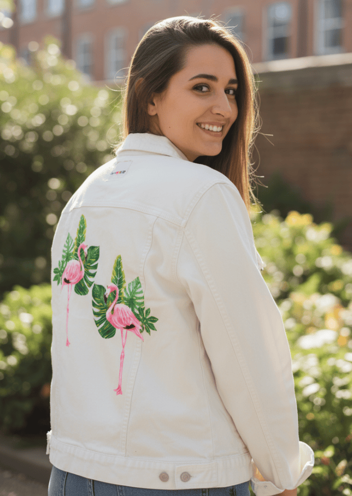 FLAMINGO2 by HEND SHEHATA, printed on denim jackets and other denim products: tote bags, throw pillows, table place mats, aprons