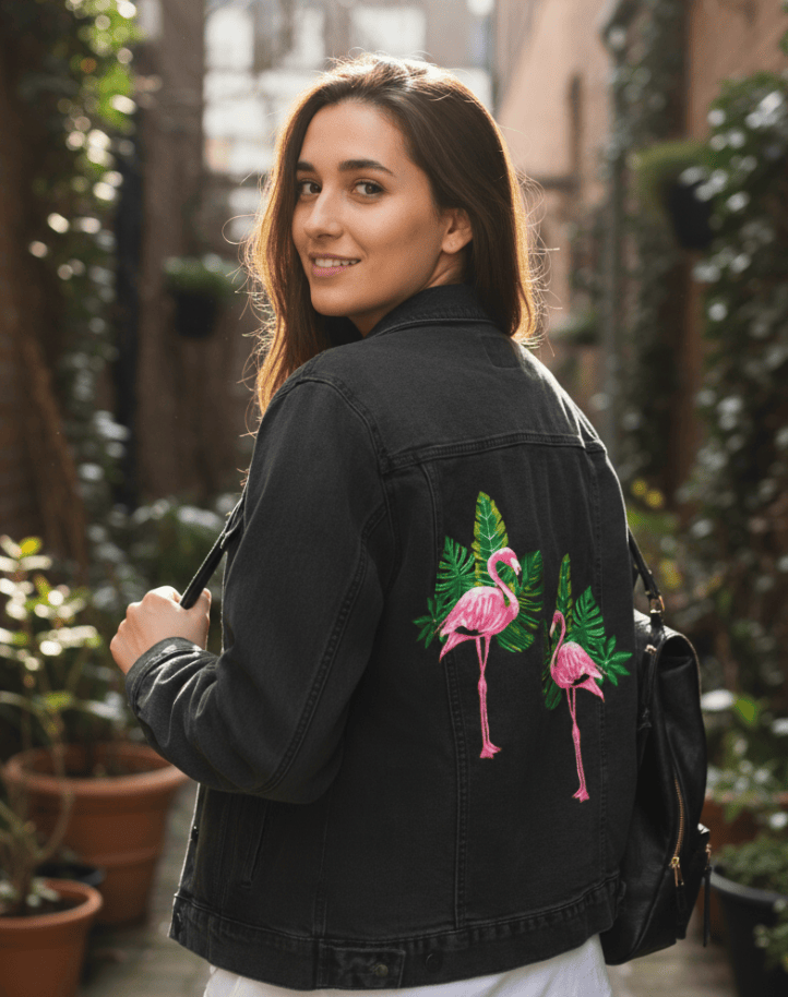 FLAMINGO2 by HEND SHEHATA, printed on denim jackets and other denim products: tote bags, throw pillows, table place mats, aprons