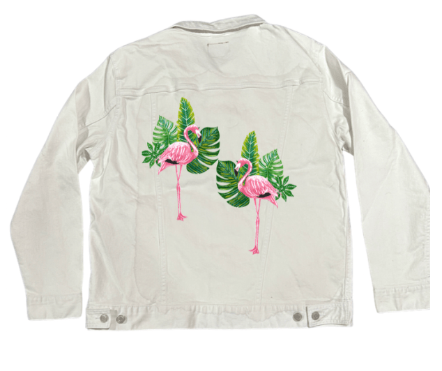 FLAMINGO2 by HEND SHEHATA, printed on denim jackets and other denim products: tote bags, throw pillows, table place mats, aprons