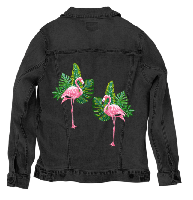 FLAMINGO2 by HEND SHEHATA, printed on denim jackets and other denim products: tote bags, throw pillows, table place mats, aprons