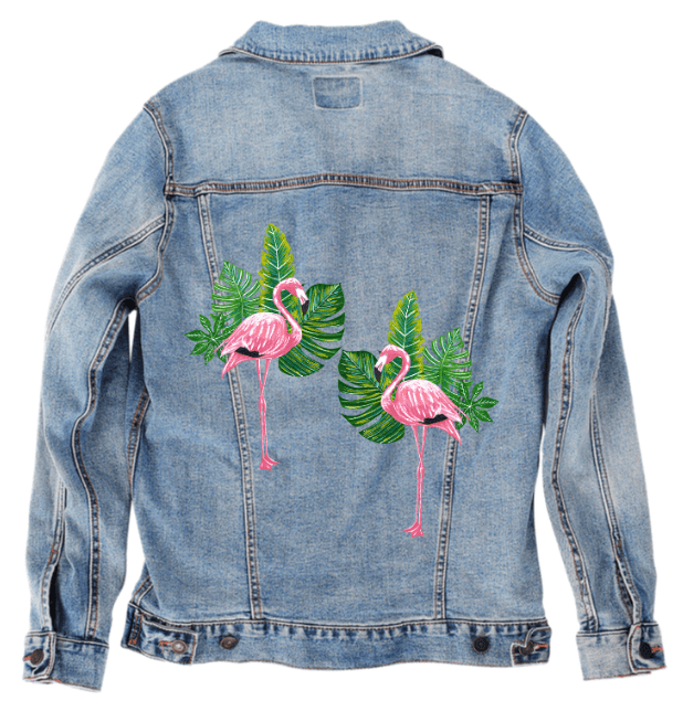 FLAMINGO2 by HEND SHEHATA, printed on denim jackets and other denim products: tote bags, throw pillows, table place mats, aprons