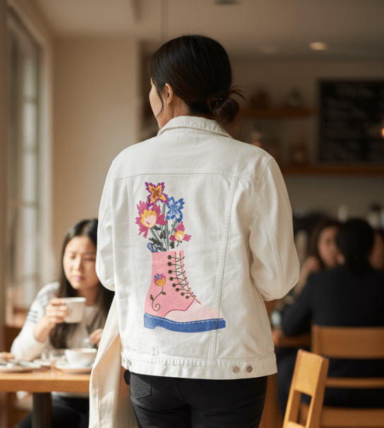 FLORAL BOOTS by thearticsoul,printed by DenimINK on hand-crafted Denim Jackets and other denim products and other denim products: tote bags, throw pillows, table place mats, aprons