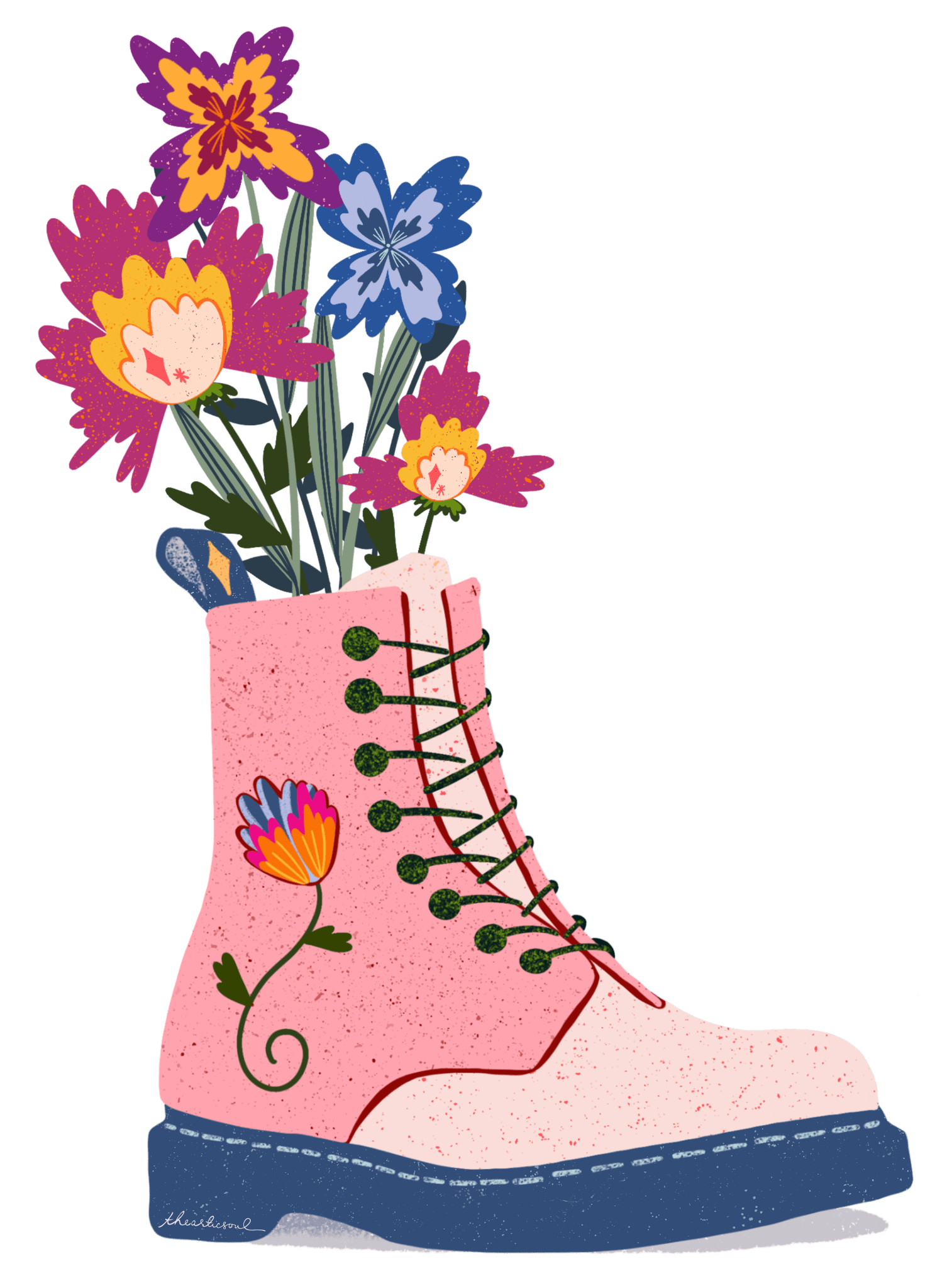 FLORAL BOOTS by thearticsoul,printed by DenimINK on hand-crafted Denim Jackets and other denim products and other denim products: tote bags, throw pillows, table place mats, aprons