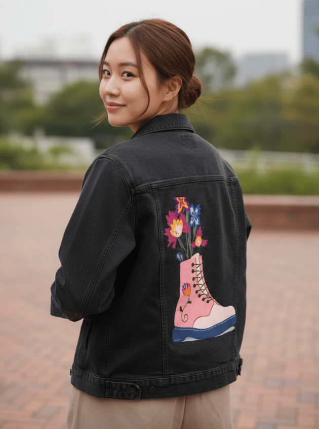 FLORAL BOOTS by thearticsoul,printed by DenimINK on hand-crafted Denim Jackets and other denim products and other denim products: tote bags, throw pillows, table place mats, aprons