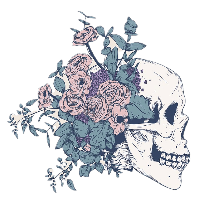 FLORAL SKULL BEAUTY by JESS ADAMS, digitally printed on DENIM products: throw pillows, aprons, table place mats, and hand-crafted Unisex Denim Jackets in 3 color choices