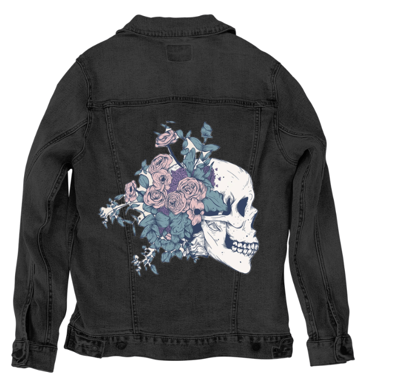 FLORAL SKULL BEAUTY by JESS ADAMS, digitally printed on DENIM products: throw pillows, aprons, table place mats, and hand-crafted Unisex Denim Jackets in 3 color choices