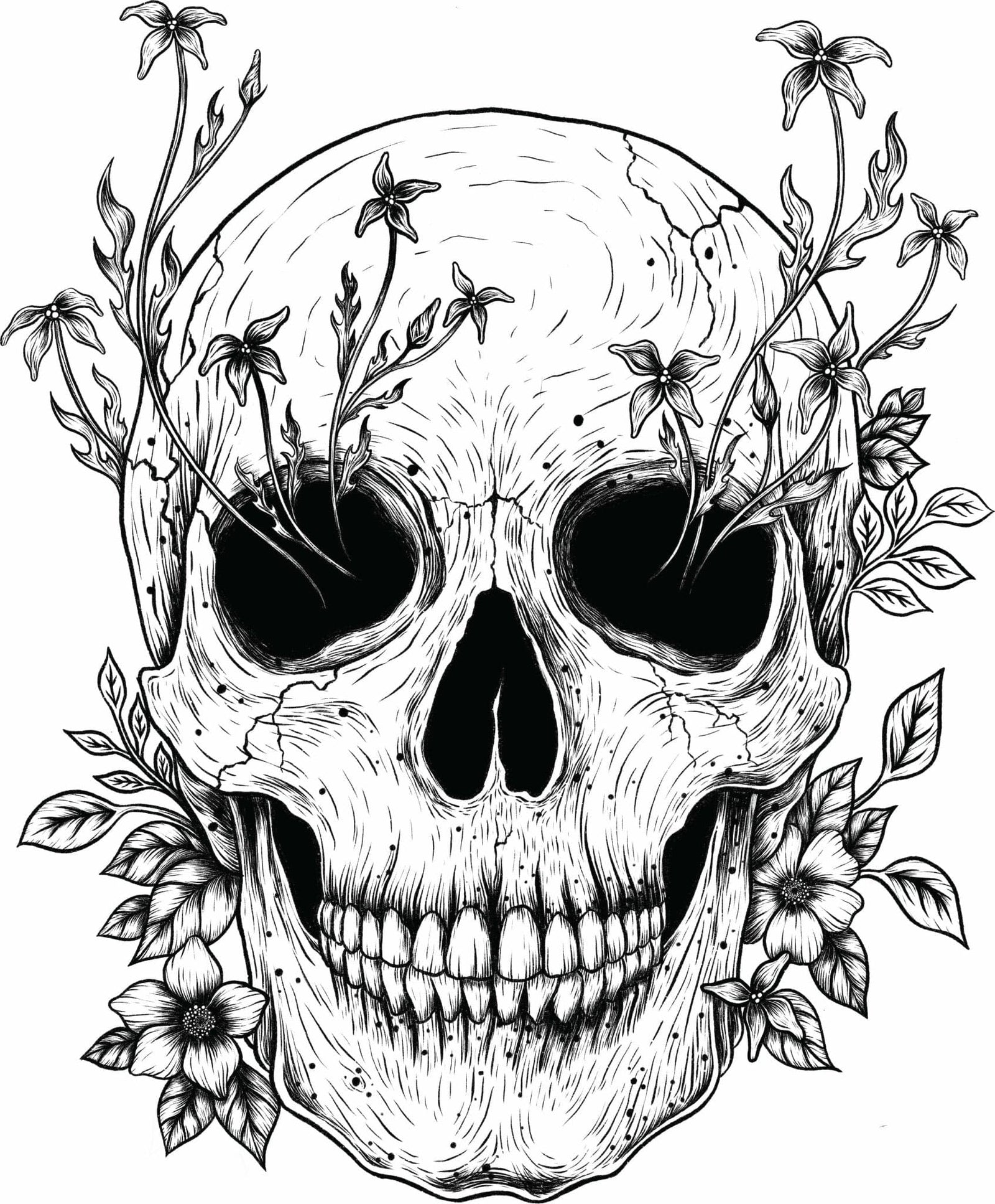 FLORAL SKULL by EPISODIC DRAWING, printed on denim jackets and other denim products: tote bags, throw pillows, table place mats, aprons