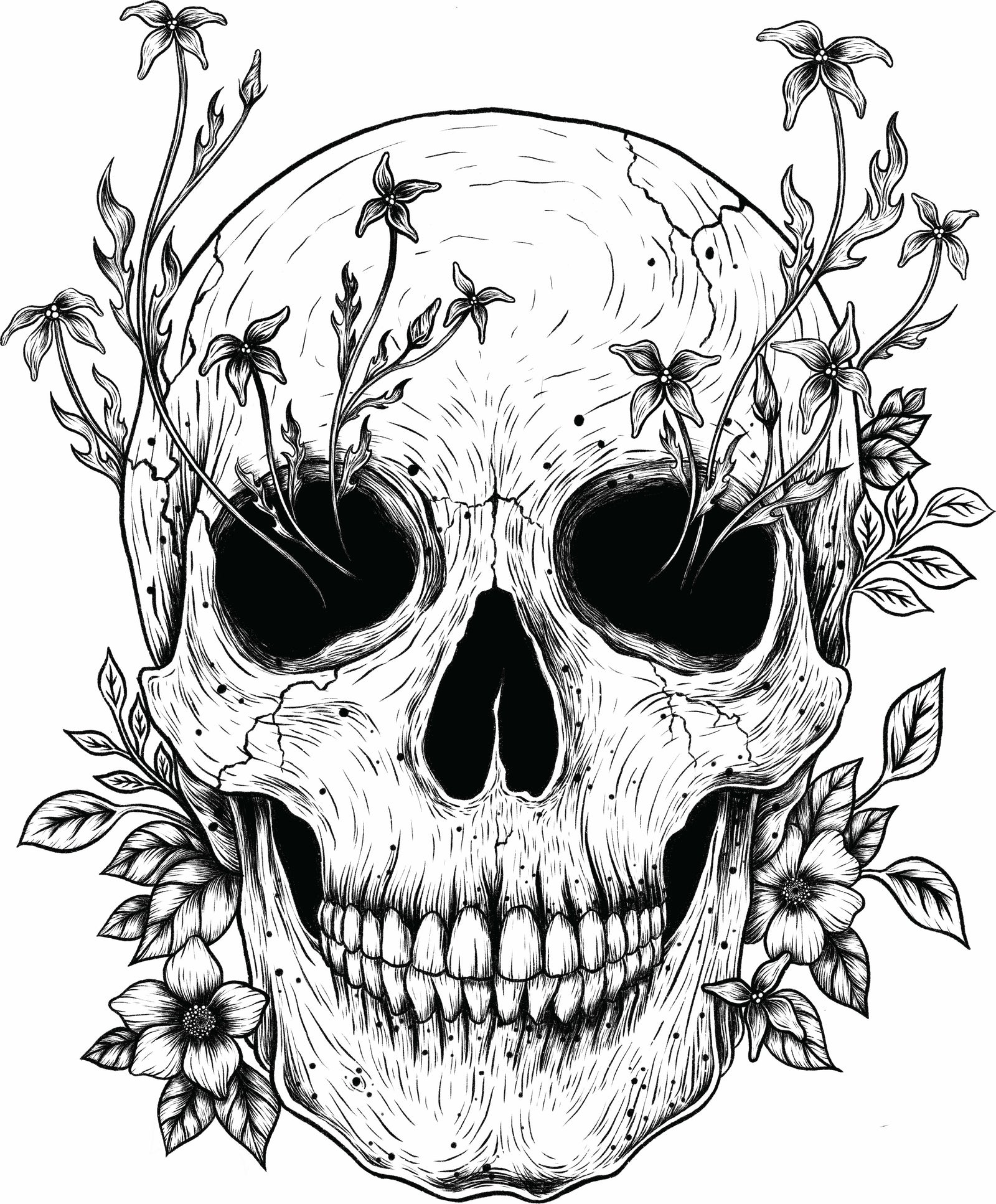 FLORAL SKULL by EPISODIC DRAWING, digitally printed on DENIM products: throw pillows, aprons, table place mats, and hand-made Unisex Denim Jackets in 3 color choices