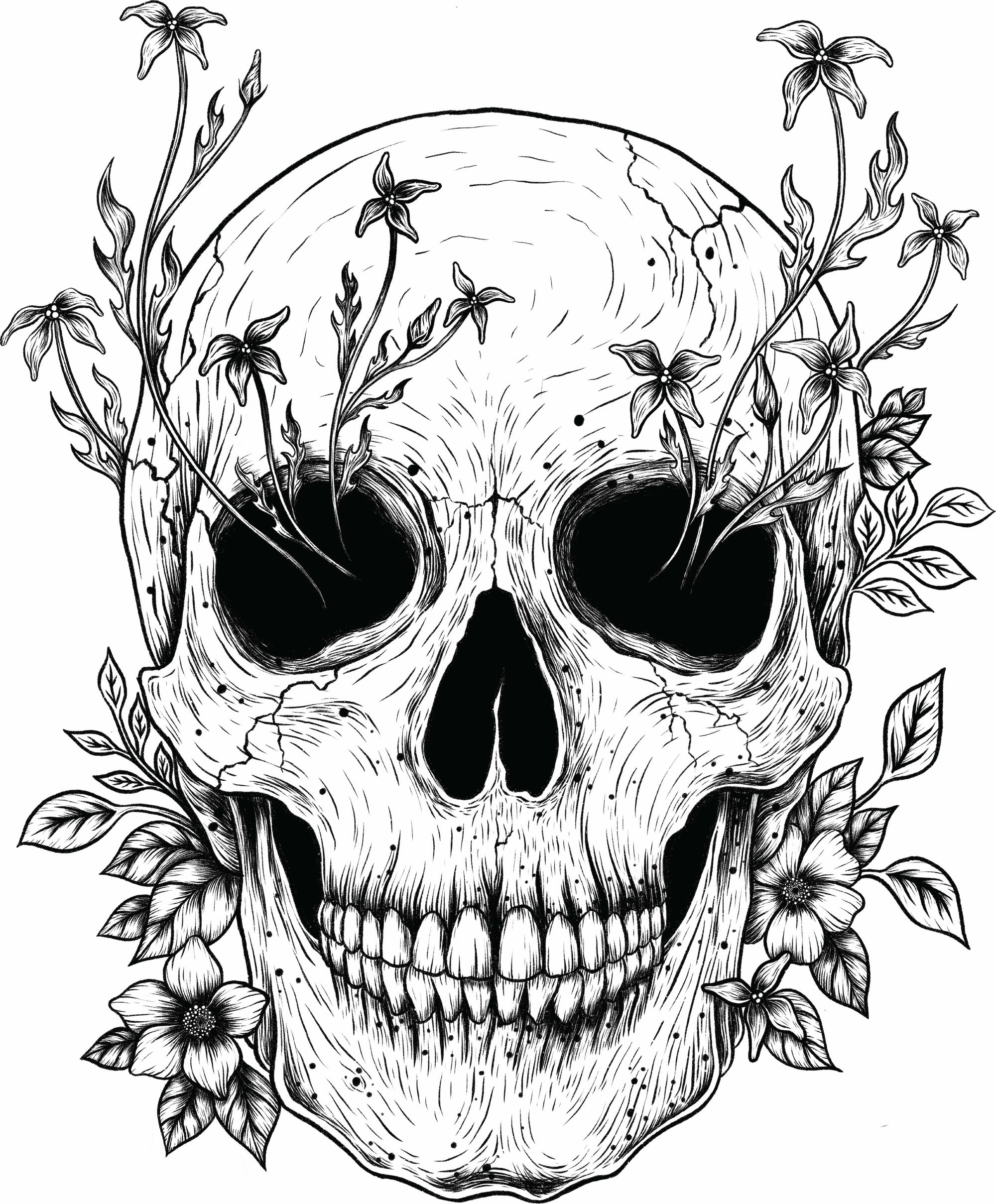 FLORAL SKULL by EPISODIC DRAWING, digitally printed on DENIM products: throw pillows, aprons, table place mats, and hand-made Unisex Denim Jackets in 3 color choices