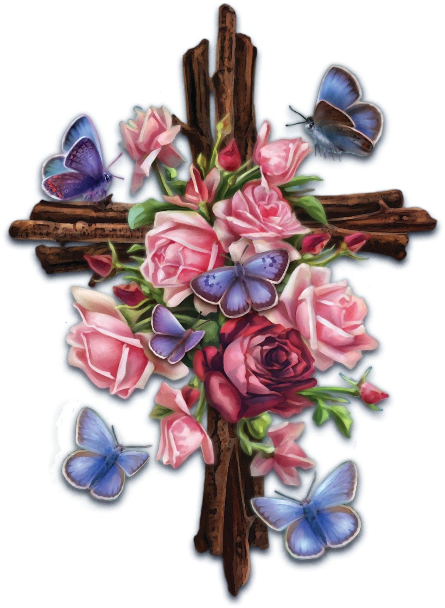 illustration of a rustic wooden cross adorned with clustered pink and red roses, green foliage, and several blue and purple butterflies positioned around the flowers and edges of the cross. this artwork is titled “Flower Cross” and created by artist Brigid Ashwood
