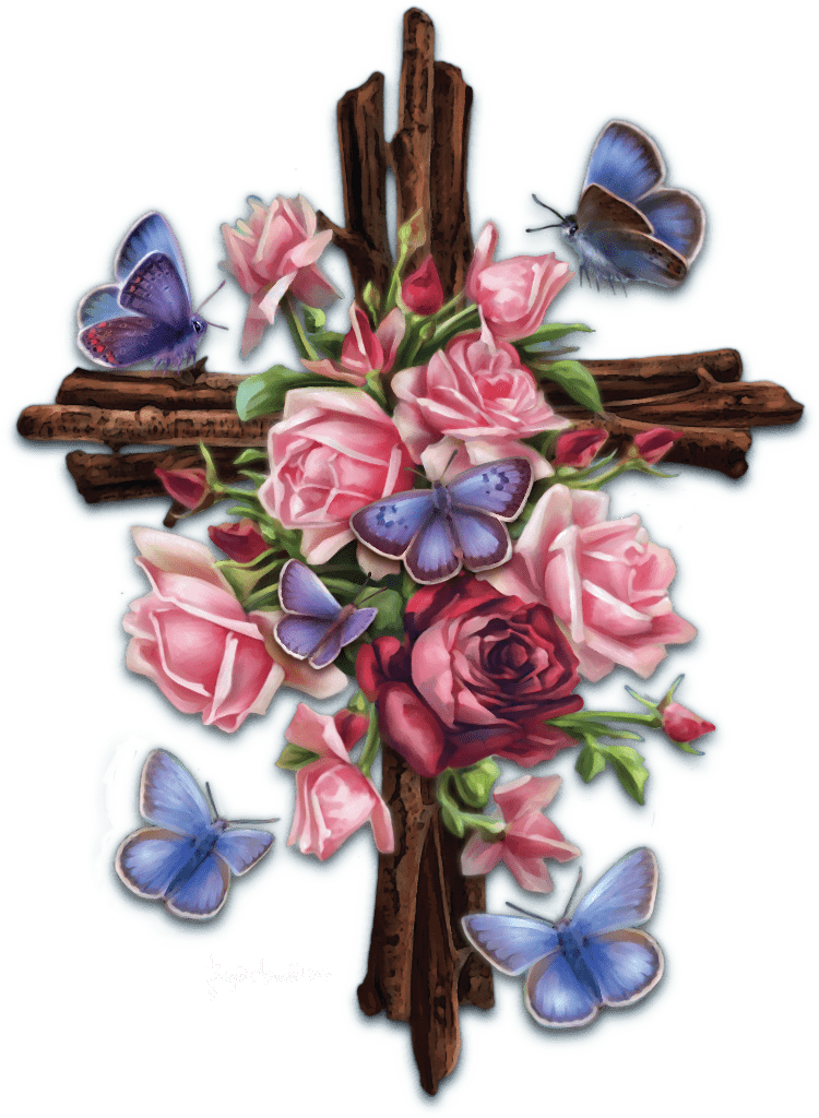 illustration of a rustic wooden cross formed from rough brown branches, adorned with a lush arrangement of pink and red roses and rosebuds in varying stages of bloom. soft green foliage weaves through the flowers, while blue and violet butterflies flutter and rest along the blooms and edges of the cross. set against a clean white background that highlights the wood grain and floral textures. this artwork is titled “Flower Cross” and created by artist Brigid Ashwood