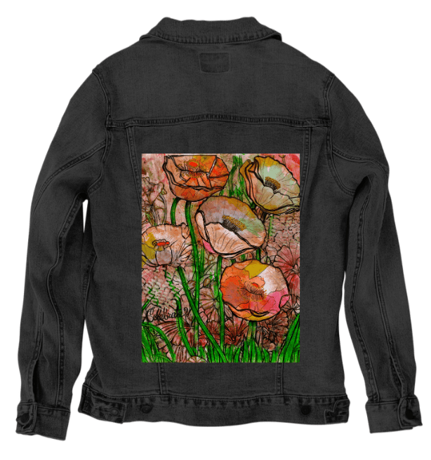 FLOWER GARDEN by CANVAS and QUOTATIONS, printed on denim jackets and other denim products: tote bags, throw pillows, table place mats, aprons custom denim jacket by DenimINK