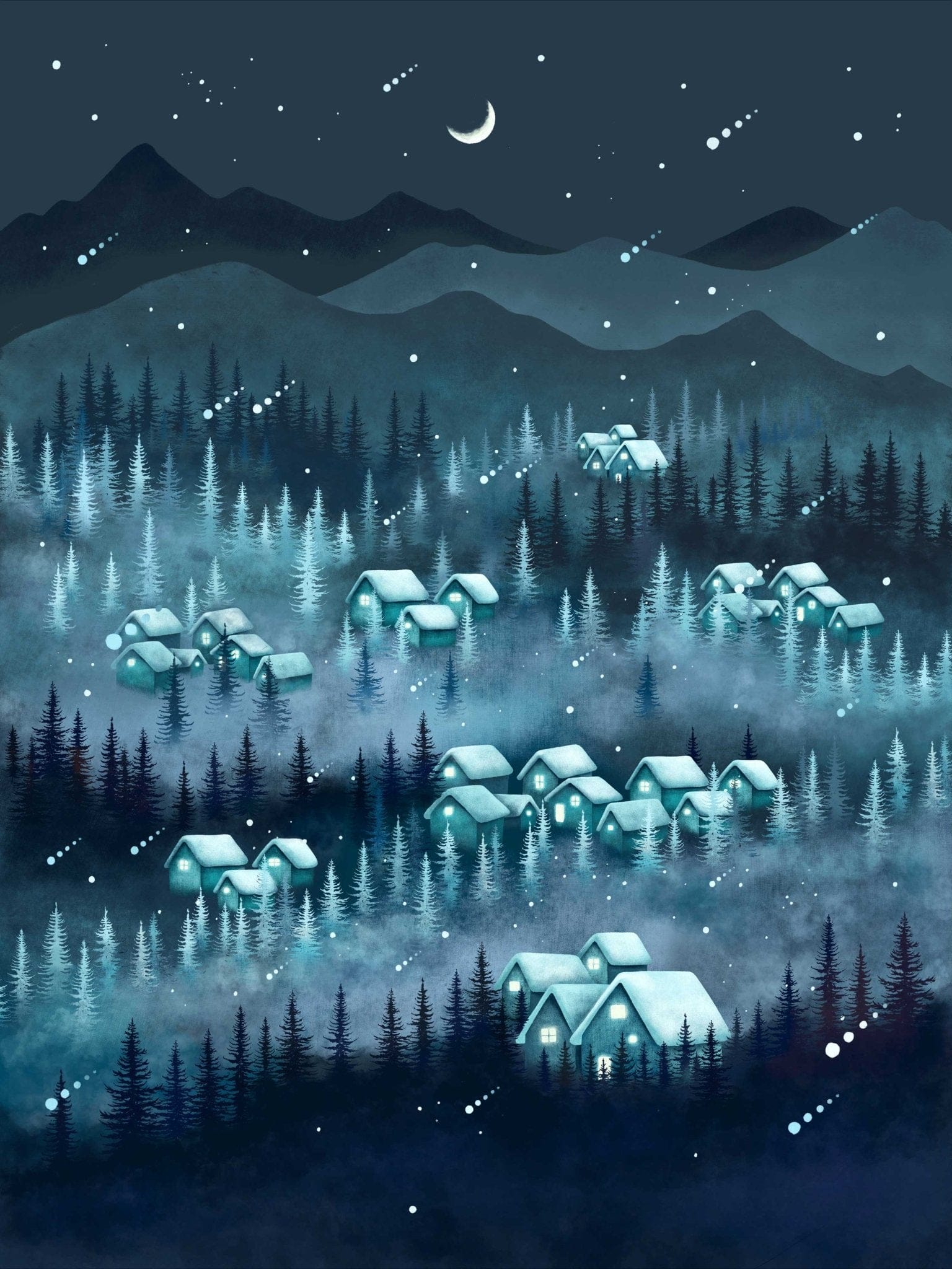 FOREST NIGHT BLUE by EPISODIC DRAWING, printed on denim jackets and other denim products: tote bags, throw pillows, table place mats, aprons