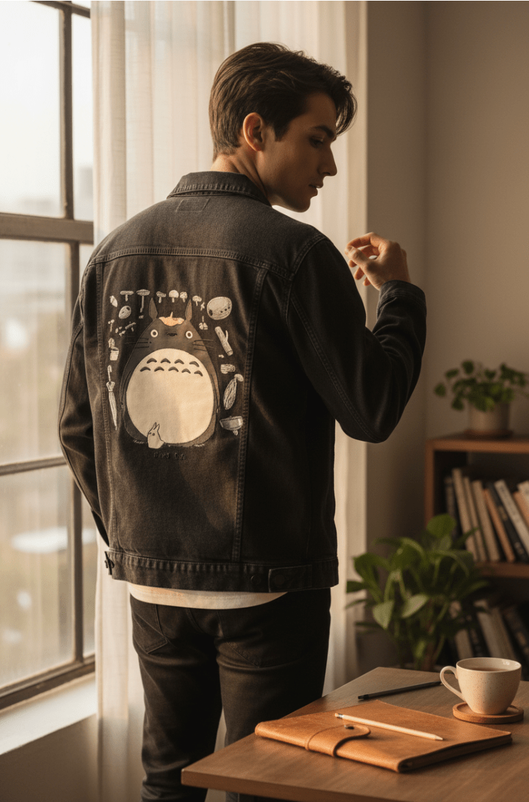 FOREST TROLL by PEPE RODRIGUEZ aka PPMID, digitally printed on DENIM products: throw pillows, aprons, table place mats, and hand-crafted Unisex Denim Jackets in 3 color choices