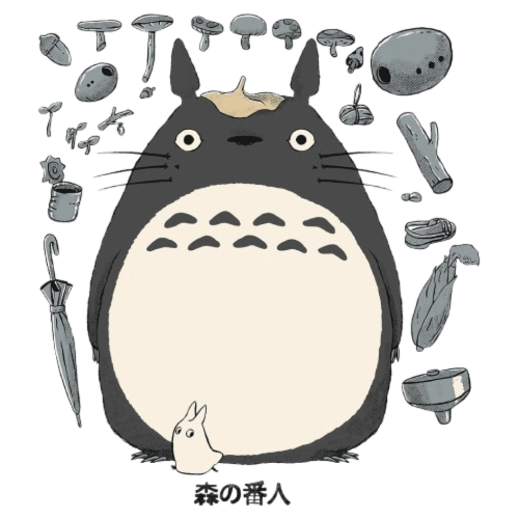 illustration of A large round gray forest creature standing upright with short pointed ears, wide white eyes, thin whiskers, and a pale cream belly marked with small dark chevron shapes near the top. a tiny white companion sits at its feet, leaning against the belly. Above and around the figure, small gray objects float in a loose arc, including mushrooms, stones, leaves, sticks, tools, and household items rendered with grainy texture and thick outlines. Subtle speckling fills the background. "Forest Troll"