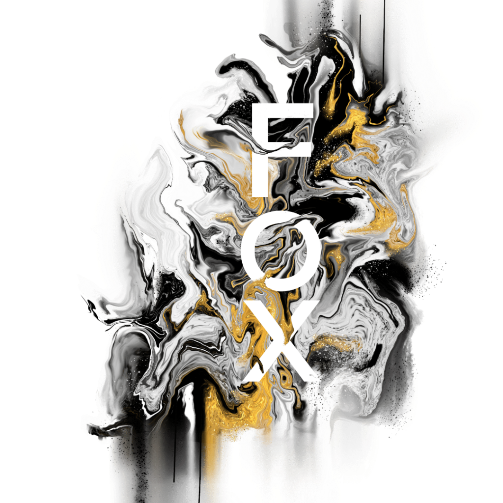 illustration of An abstract black, white, and gold marbled composition with fluid paint-like waves flowing vertically and diagonally. White and charcoal forms blend with deep black areas, while metallic gold streaks and speckled flecks weave through the motion. Bold white capital letters spelling “FOX” appear vertically centered, cutting cleanly through the swirling paint. the overall shape is organic with uneven edges against a black background. This artwork is titled “FOX” and created by RaMir Designs