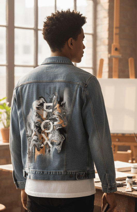 FOX BW GOLD by RaMir DESIGNS,printed by DenimINK on hand-crafted Denim Jackets and other denim products and other denim products: tote bags, throw pillows, table place mats, aprons